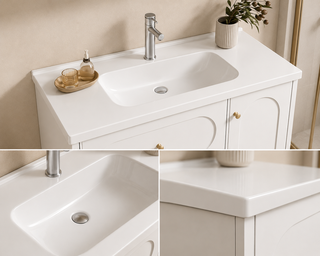 Ivory White Stainless Steel Modern Light Luxury Bathroom Vanity Set with Integrated Sink