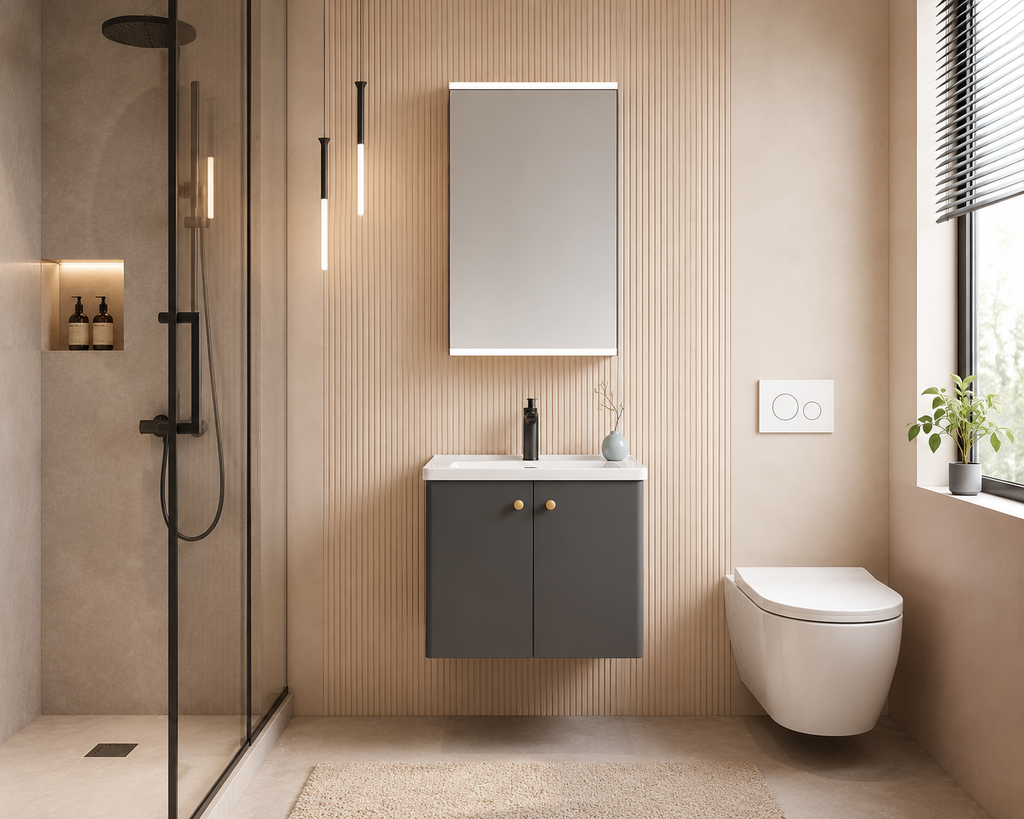 Modern luxury dark gray stainless steel bathroom vanity set with integrated basin, washstand, and sink cabinet