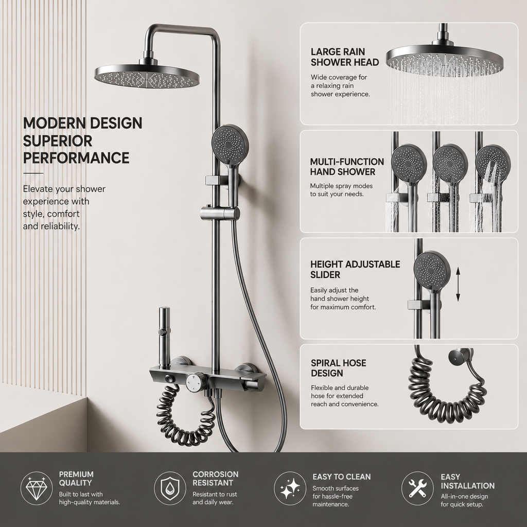 Household Rust-Proof Shower Set with Overhead Rainfall — Full Set