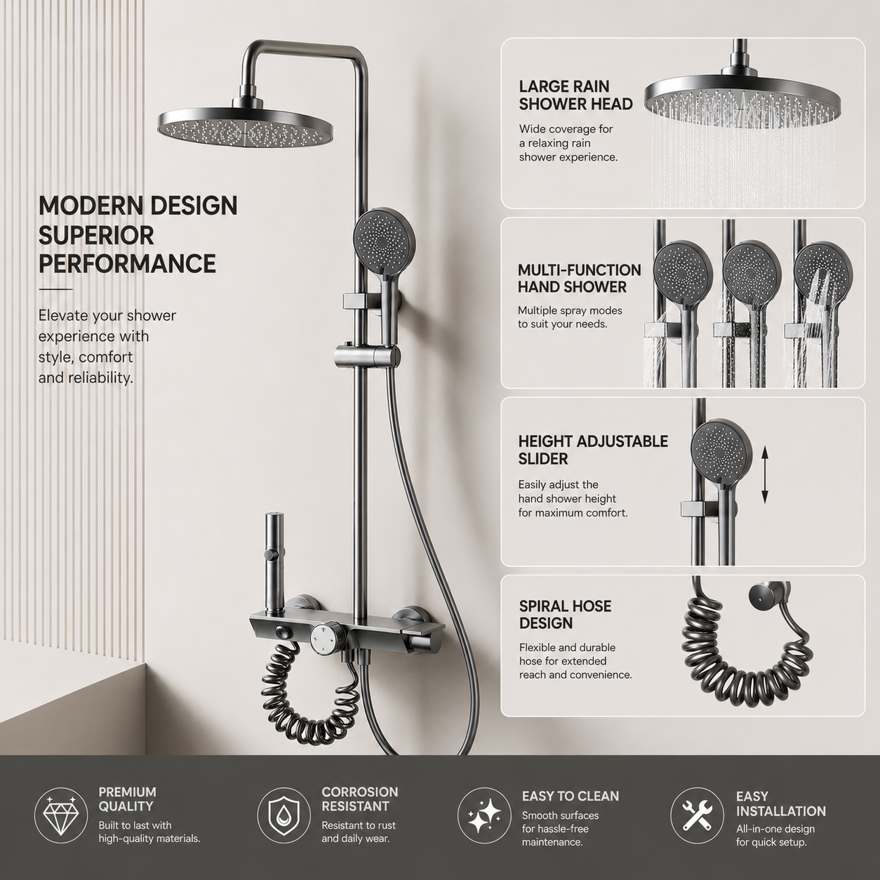 Household Rust-Proof Shower Set with Overhead Rainfall — Full Set