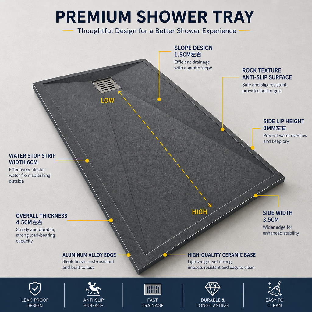 Sintered Stone One-Piece Shower Tray — Anti-Slip & Waterproof