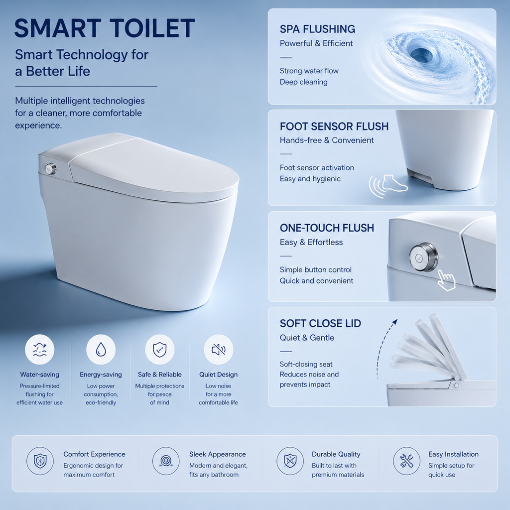 Household Floor-Mounted Toilet with Kick-Flush & Smart-Clean Glaze