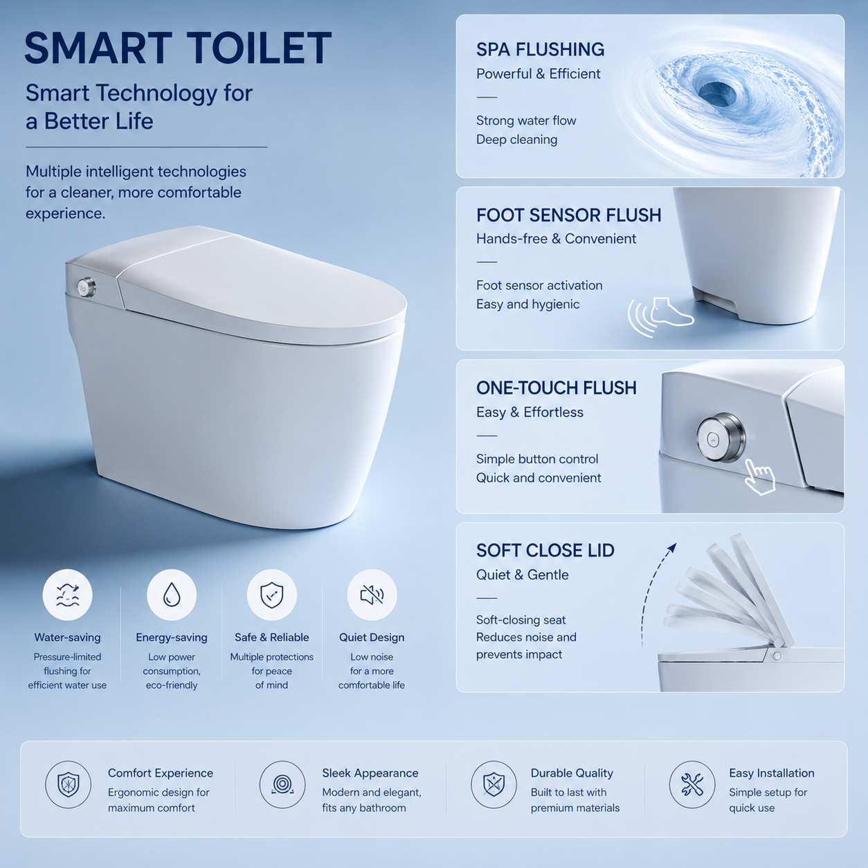 Household Floor-Mounted Toilet with Kick-Flush & Smart-Clean Glaze