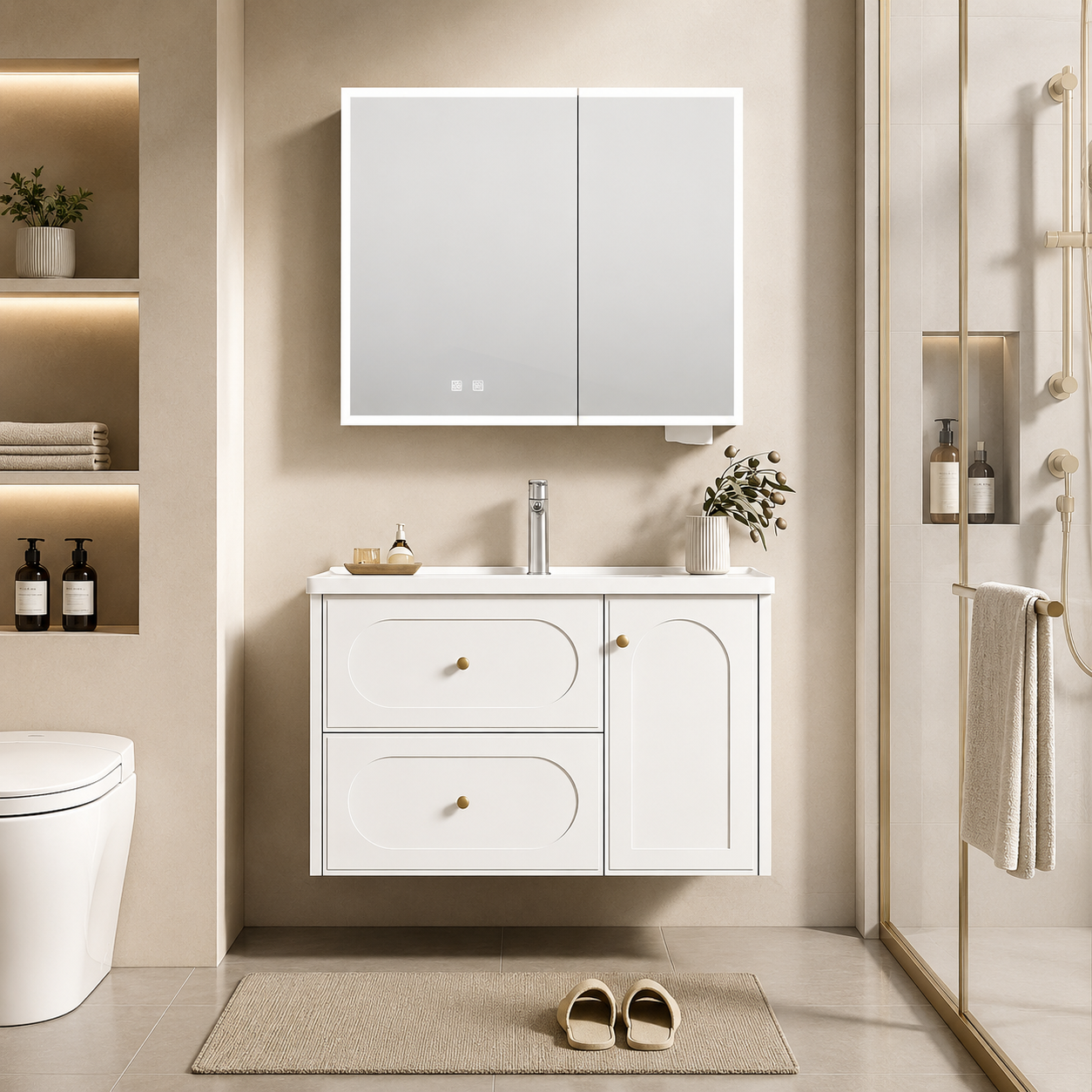 Ivory White Stainless Steel Modern Light Luxury Bathroom Vanity Set with Integrated Sink