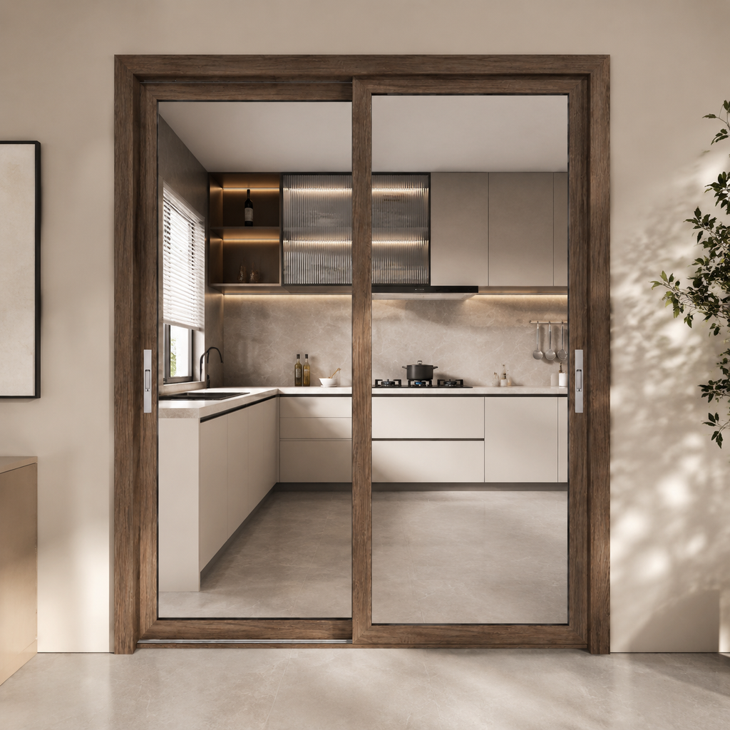 Custom Wood Grain Aluminum Alloy Glass Sliding Door for Kitchen