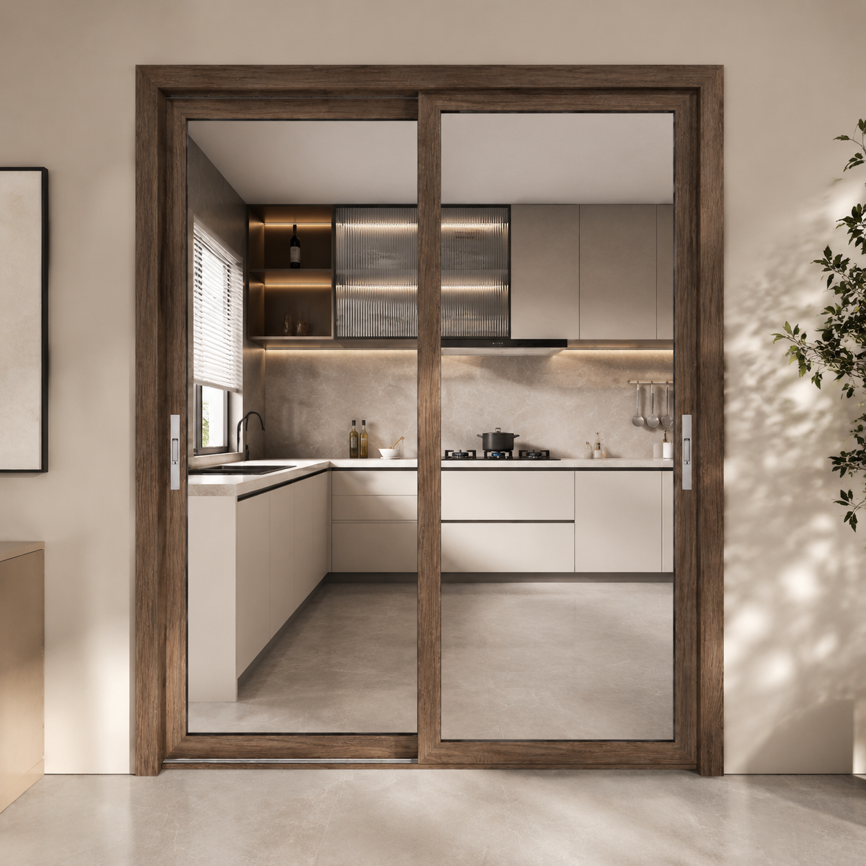 Custom Wood Grain Aluminum Alloy Glass Sliding Door for Kitchen