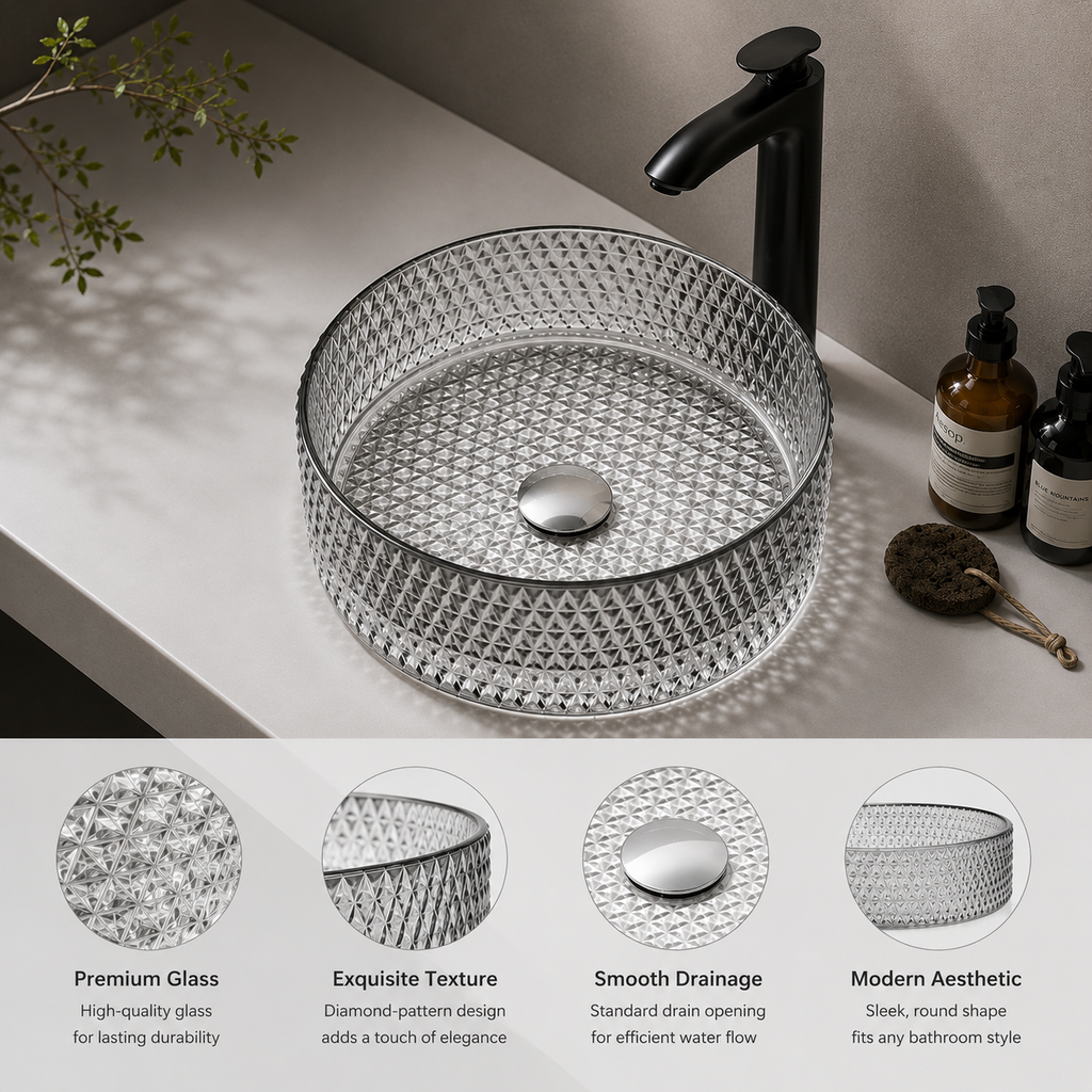 Diamond-Pattern Glass Vessel Basin — Light Luxury