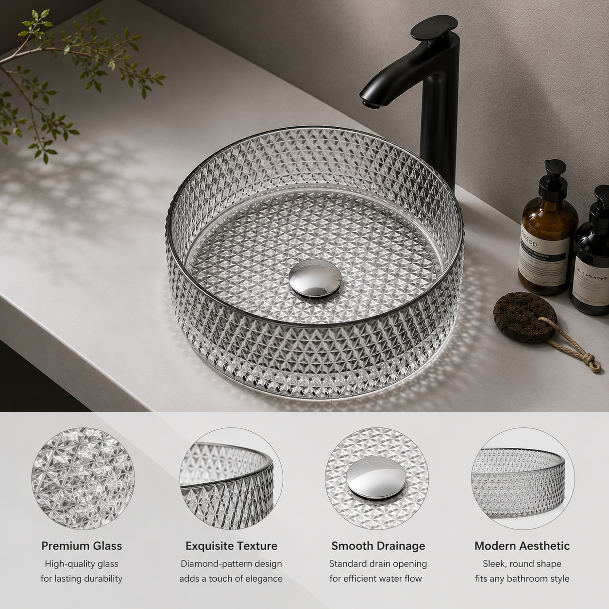 Diamond-Pattern Glass Vessel Basin — Light Luxury