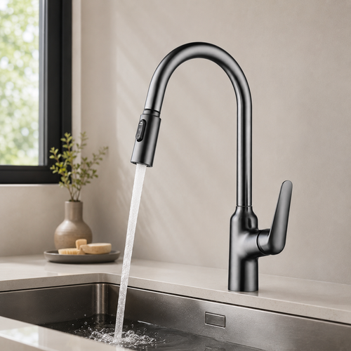 Gunmetal Gray Pull-Out Kitchen Faucet with 360° Swivel, Hot & Cold