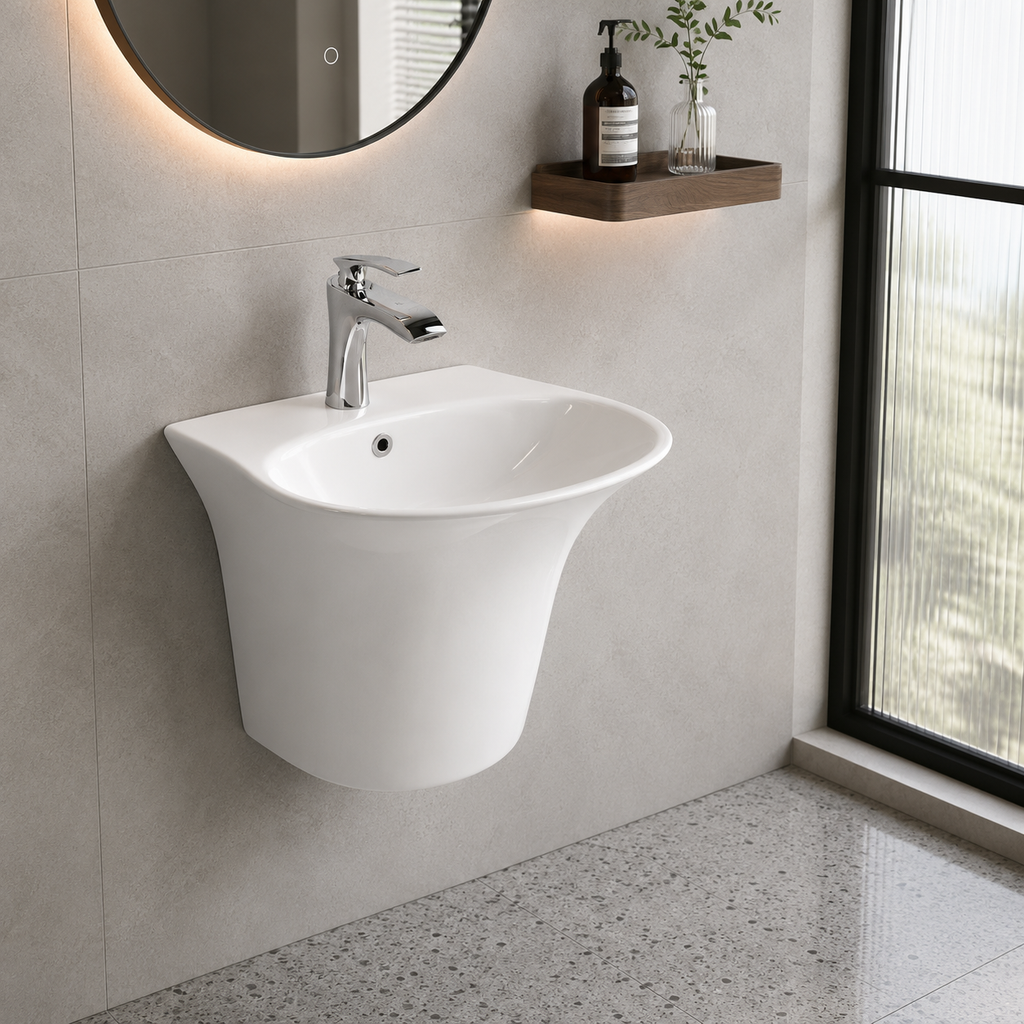 Household Ceramic Wall-Mounted Basin — Classic White, 490×450×340mm