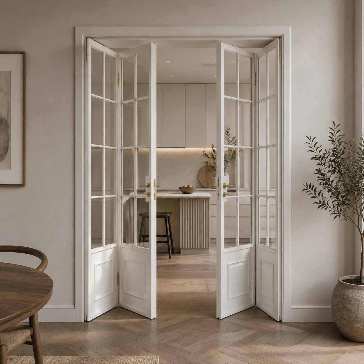 Modern White Aluminum Bi-Fold Glass Door，French Style Folding Door for Kitchen & Interior