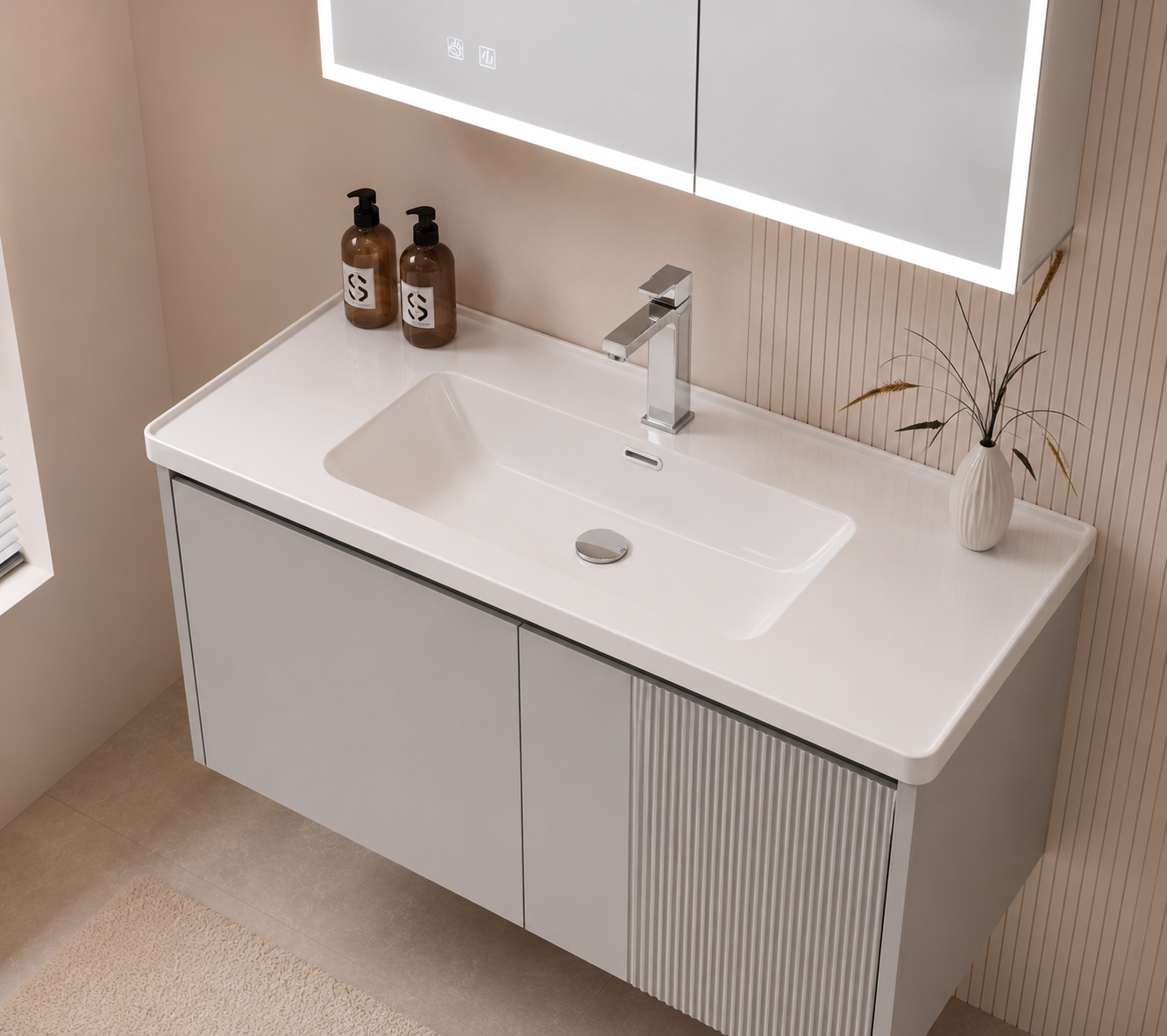 Modern light luxury light gray stainless steel bathroom vanity set with integrated basin, washstand, and sink cabinet