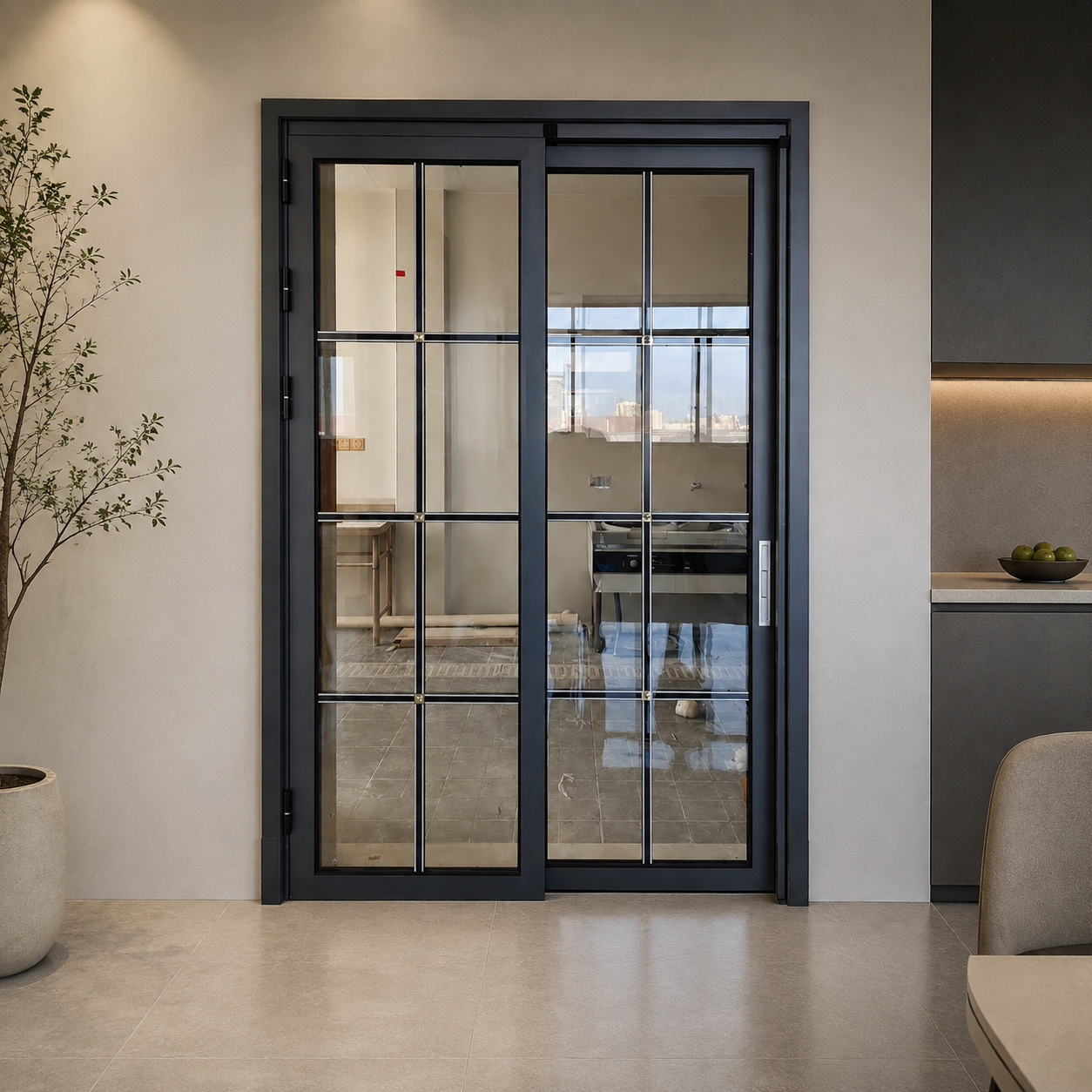 Modern Slim Frame Aluminum Sliding Glass Door – Black Grid Design