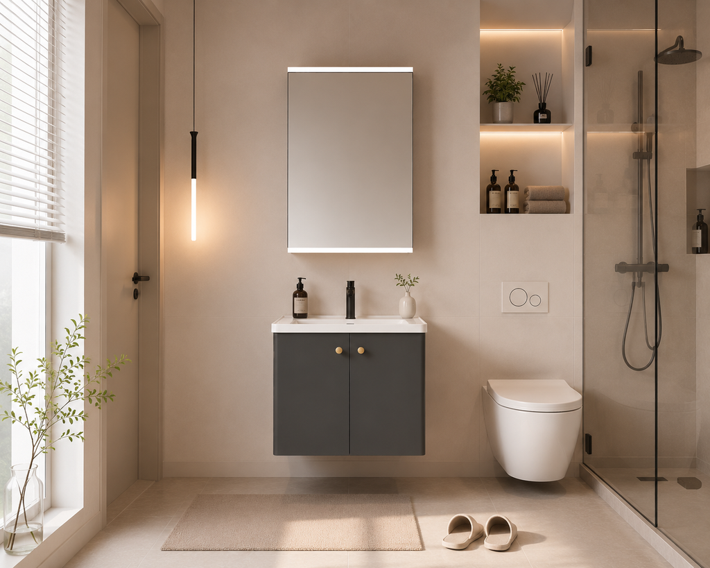 Modern luxury dark gray stainless steel bathroom vanity set with integrated basin, washstand, and sink cabinet