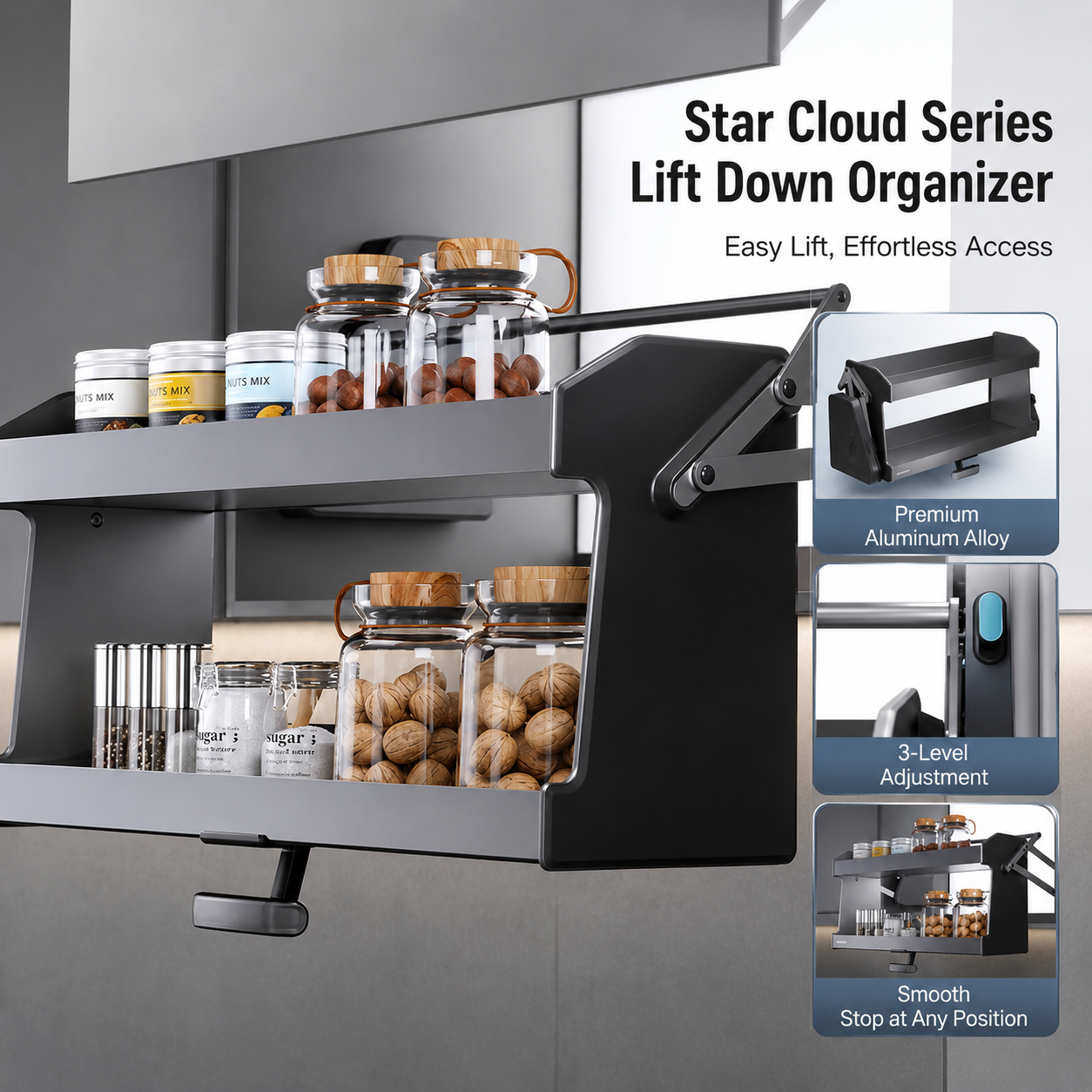 Soft-Close Pull-Down Lift Basket for Overhead Wall Cabinet