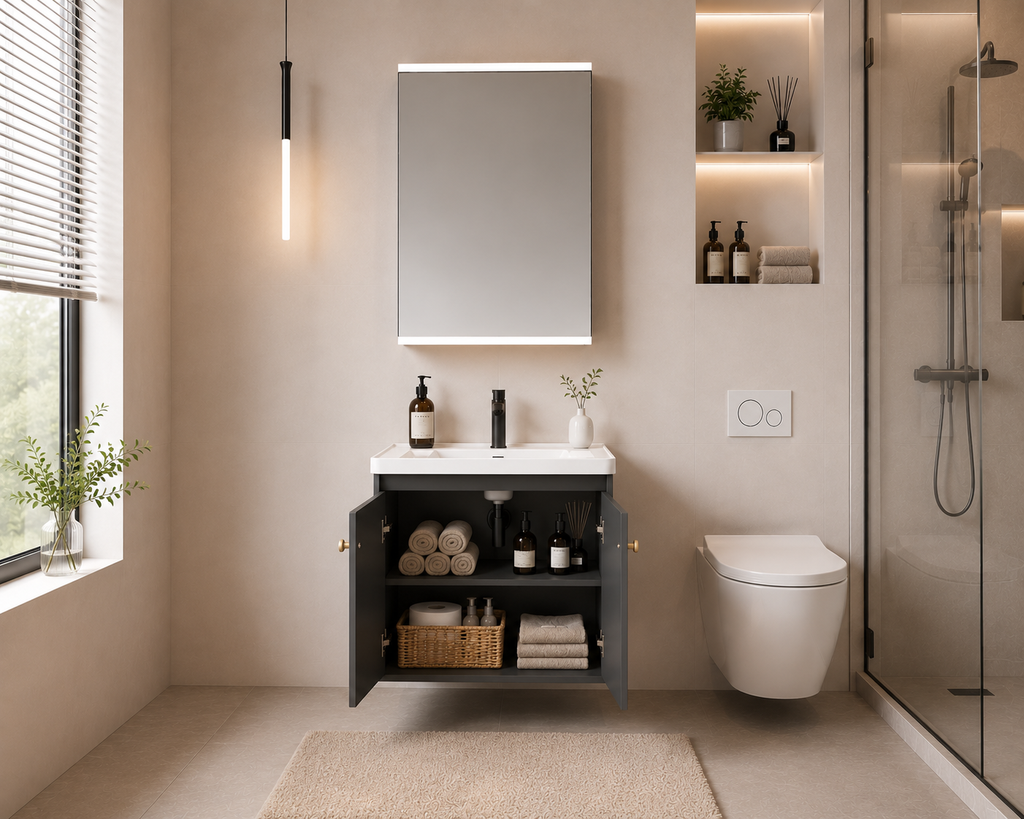 Modern luxury dark gray stainless steel bathroom vanity set with integrated basin, washstand, and sink cabinet