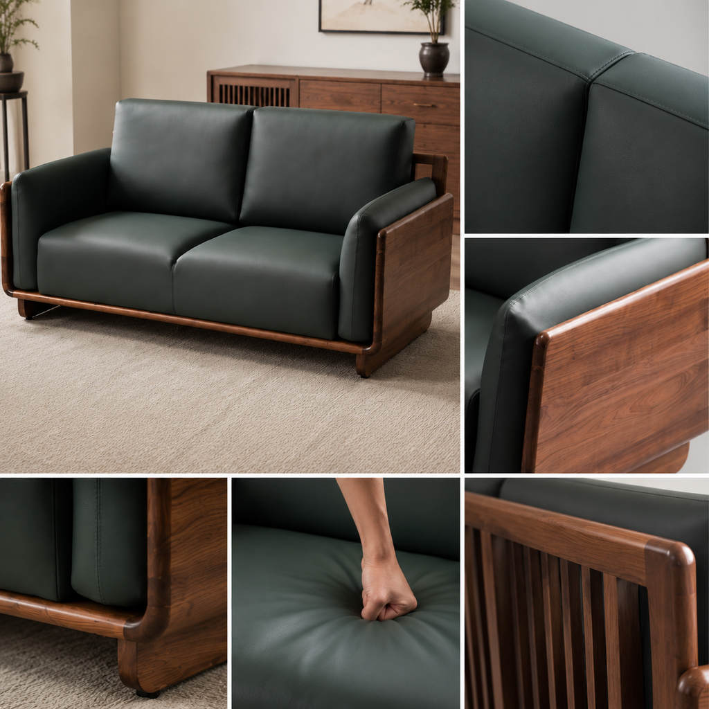 Modern Minimalist Black Walnut & Genuine Leather Straight Sofa