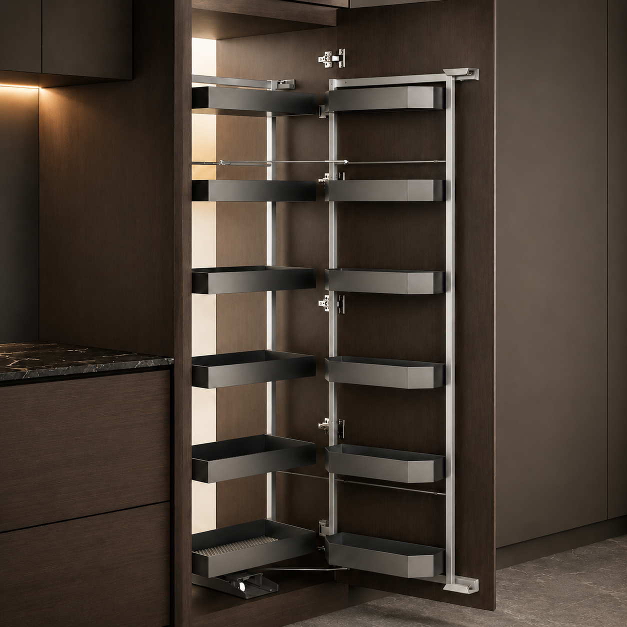 Multi-Tier Tandem Swing-Door Tall Cabinet Pull-Out Basket for Snacks & Seasonings