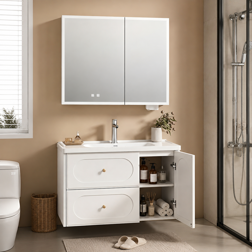 Ivory White Stainless Steel Modern Light Luxury Bathroom Vanity Set with Integrated Sink