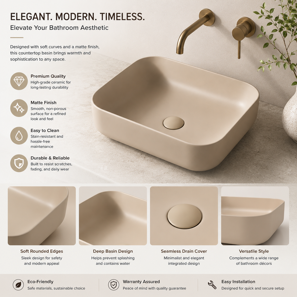 Khaki Matte Square Ceramic Countertop Basin — 500×400×135mm