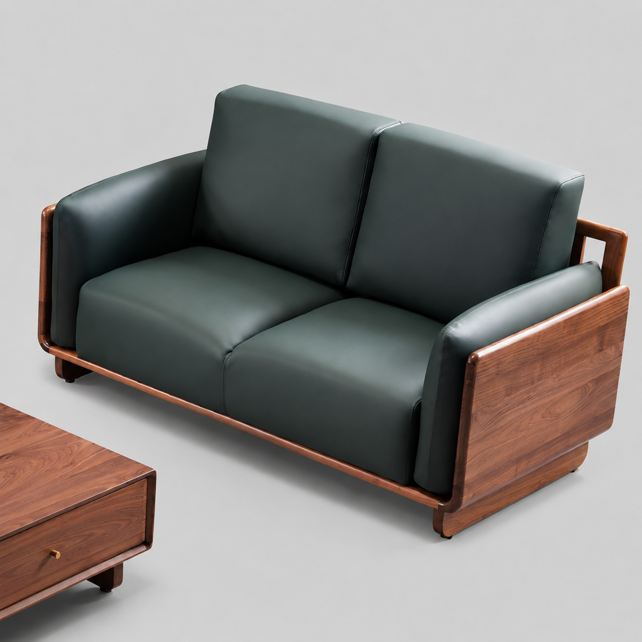 Modern Minimalist Black Walnut & Genuine Leather Straight Sofa