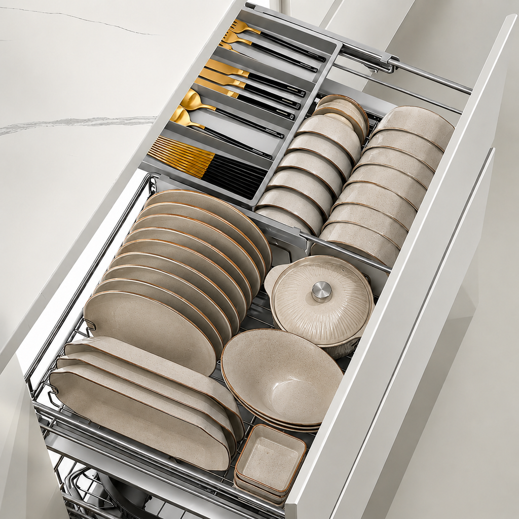 Three-Sided Kitchen Cabinet Pull-Out Dish Basket