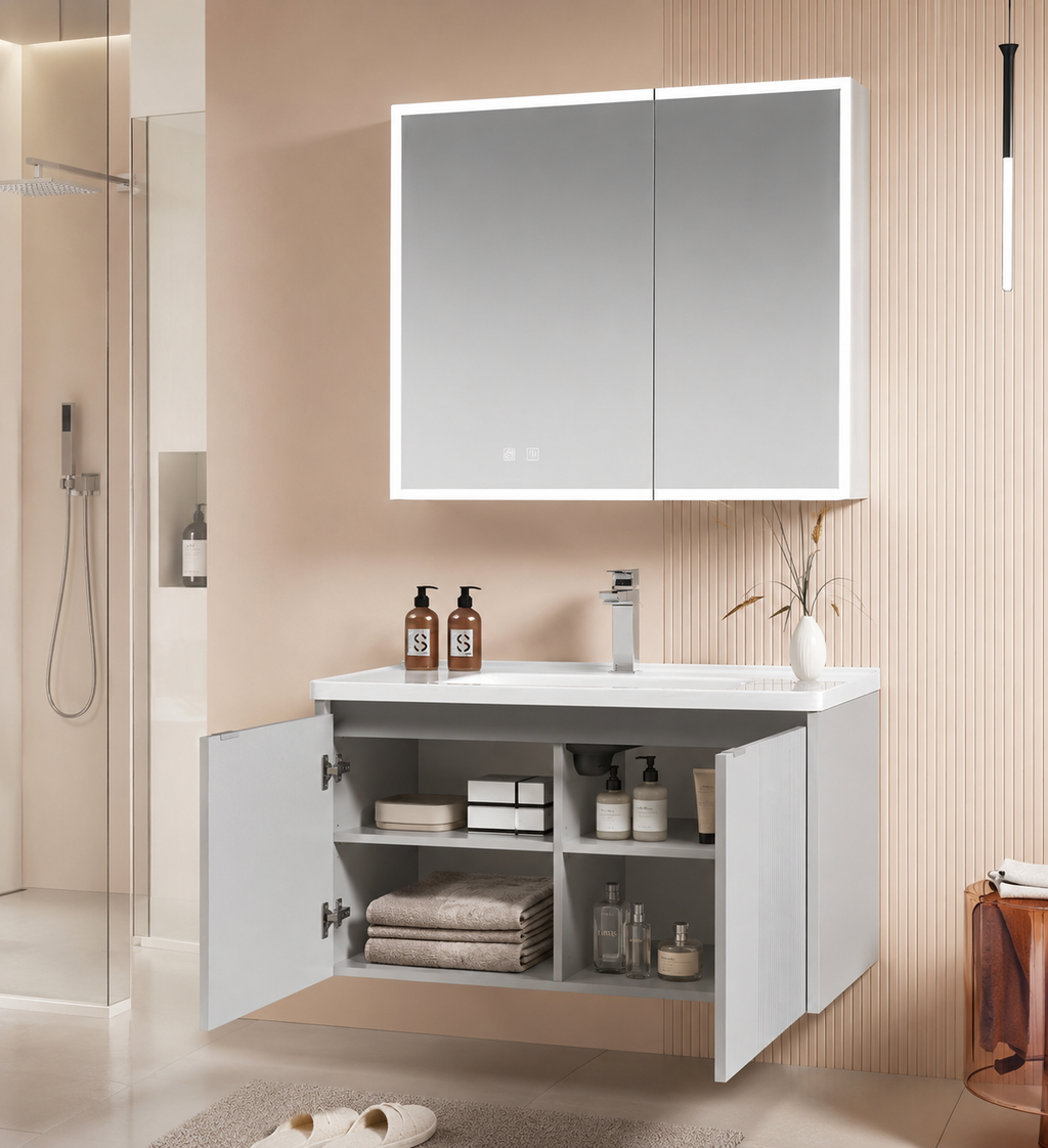 Modern light luxury light gray stainless steel bathroom vanity set with integrated basin, washstand, and sink cabinet
