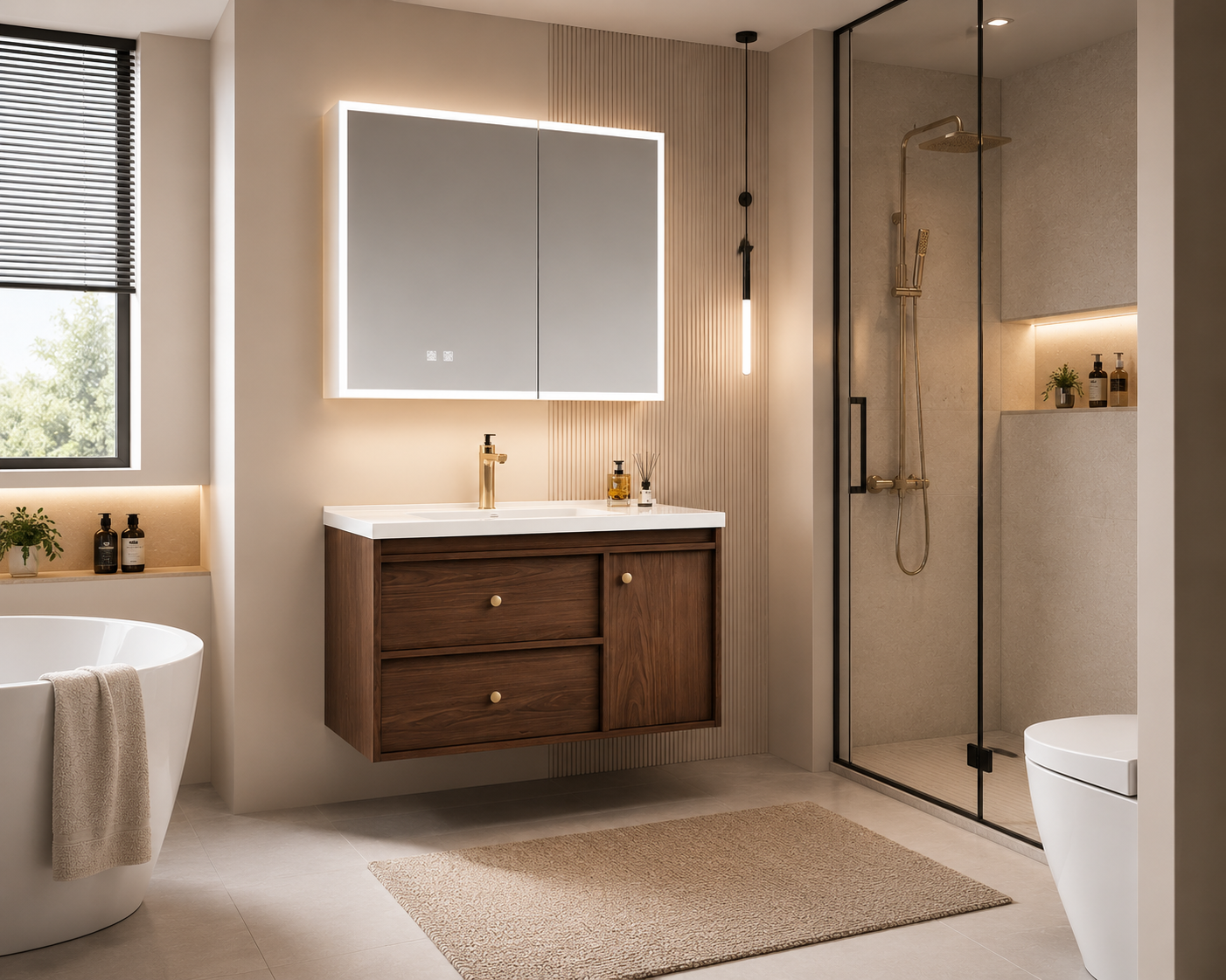 Modern Luxury Walnut-Colored Stainless Steel Bathroom Vanity with Integrated Basin, Washstand and Sink Cabinet Set