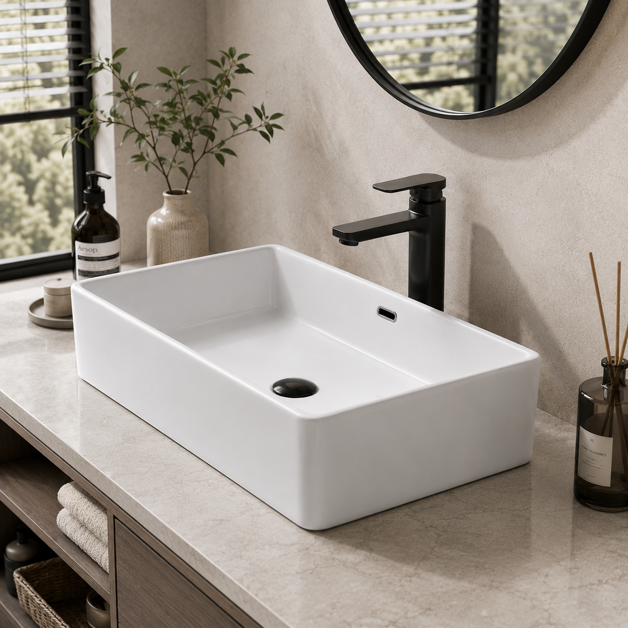 White Ceramic Countertop Basin — Modern Minimalist Square Wash Basin, 540×350×150mm