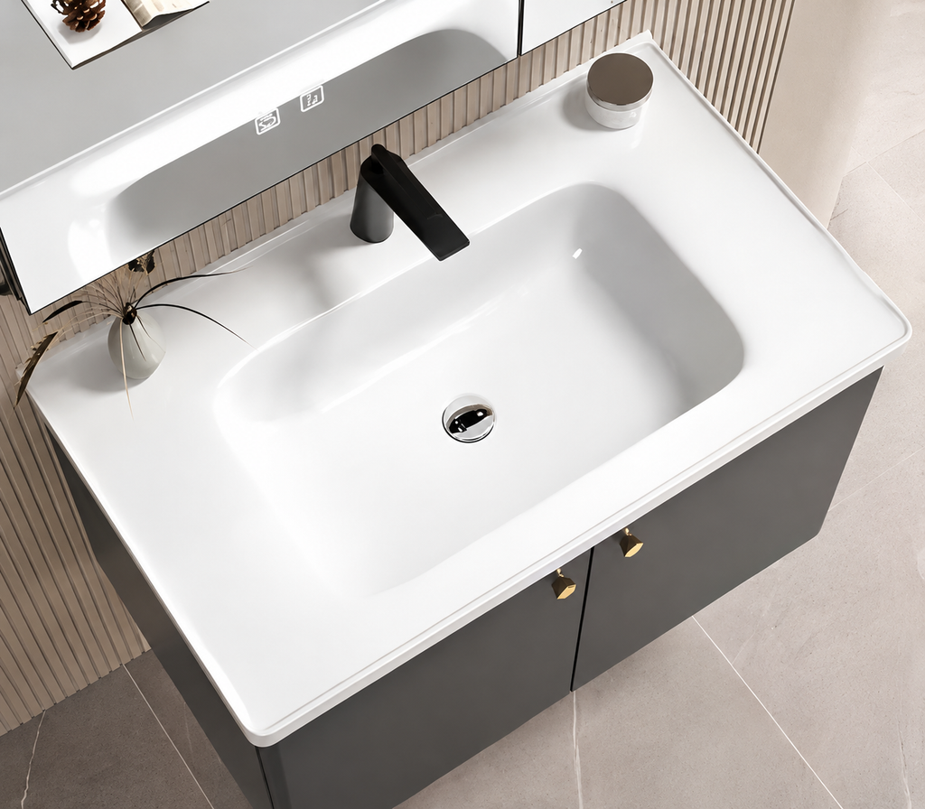 Modern luxury dark gray stainless steel bathroom vanity set with integrated basin, washstand, and sink cabinet
