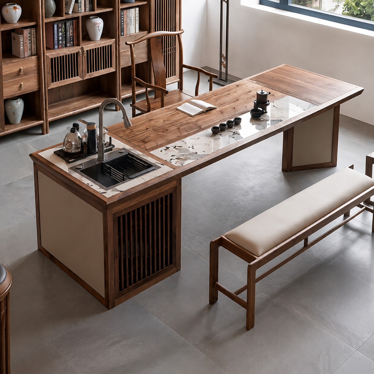 Premium Black Walnut Tea Table — Modern Chinese Style
