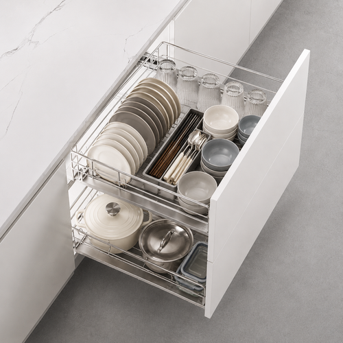 Damped Double-Layer Pull-Out Dish Rack with Adjustable Dividers