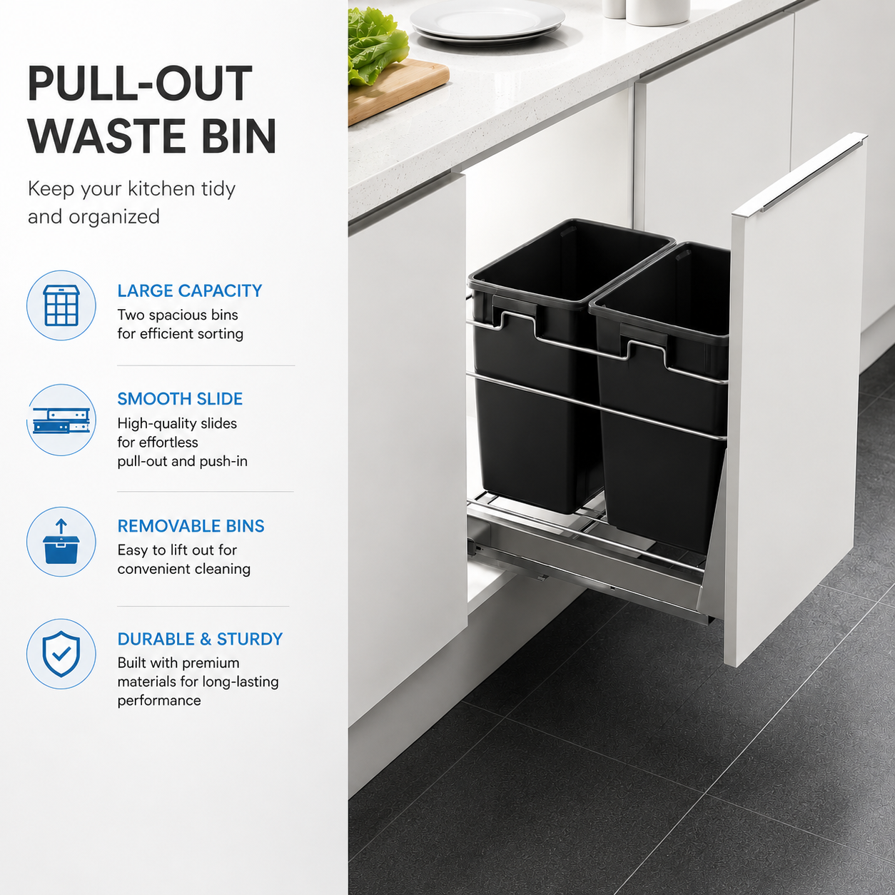 Built-In Large-Capacity Concealed Kitchen Cabinet Plastic Waste Bin