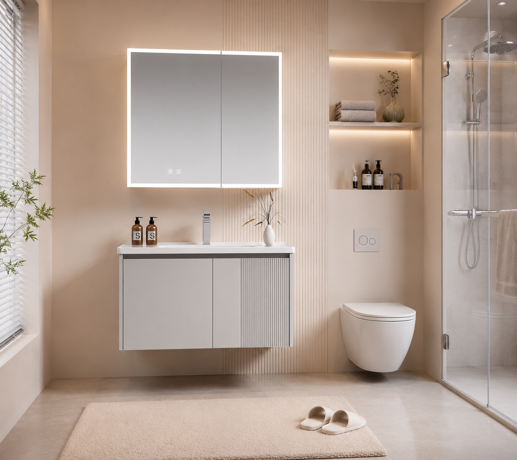 Modern light luxury light gray stainless steel bathroom vanity set with integrated basin, washstand, and sink cabinet
