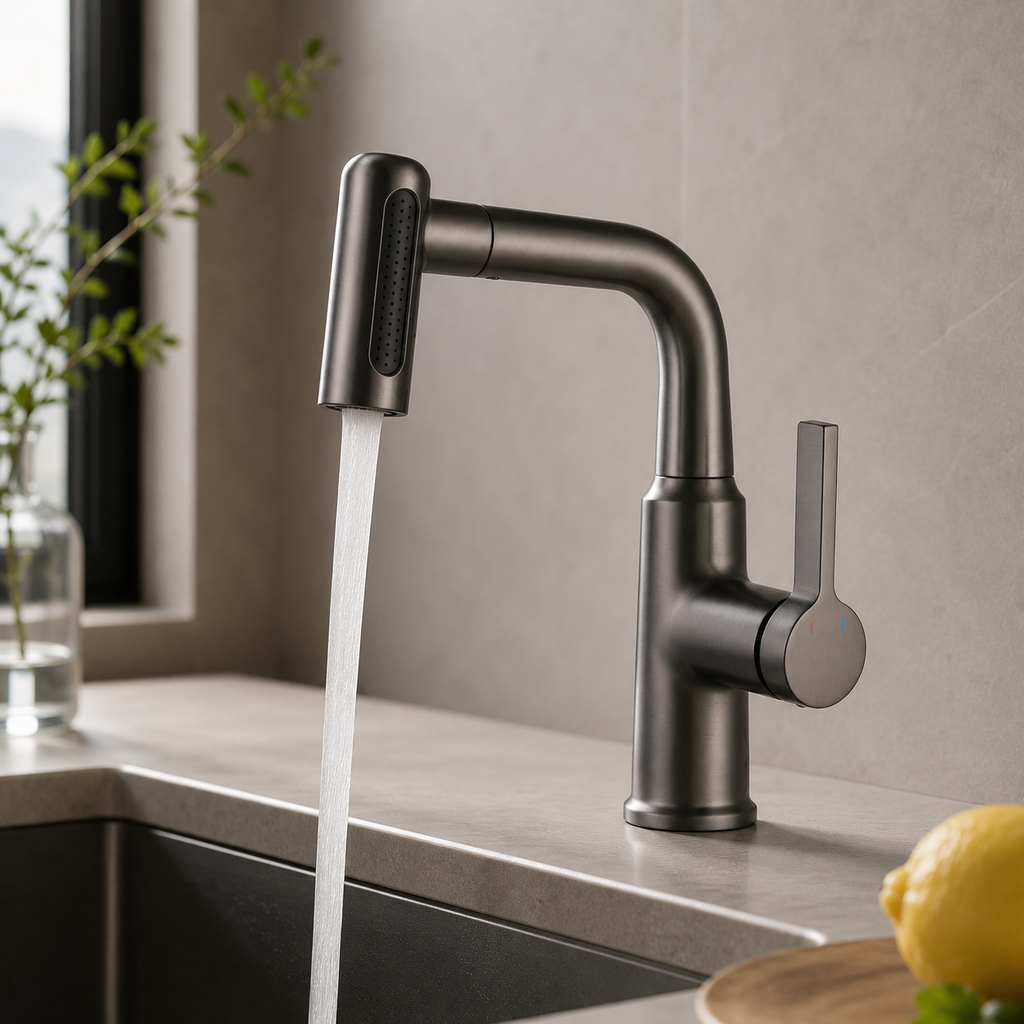 Gunmetal Gray Pull-Out Hot & Cold Basin Faucet