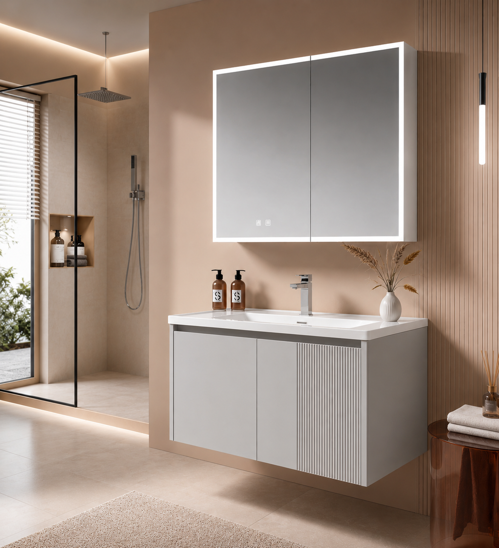 Modern light luxury light gray stainless steel bathroom vanity set with integrated basin, washstand, and sink cabinet