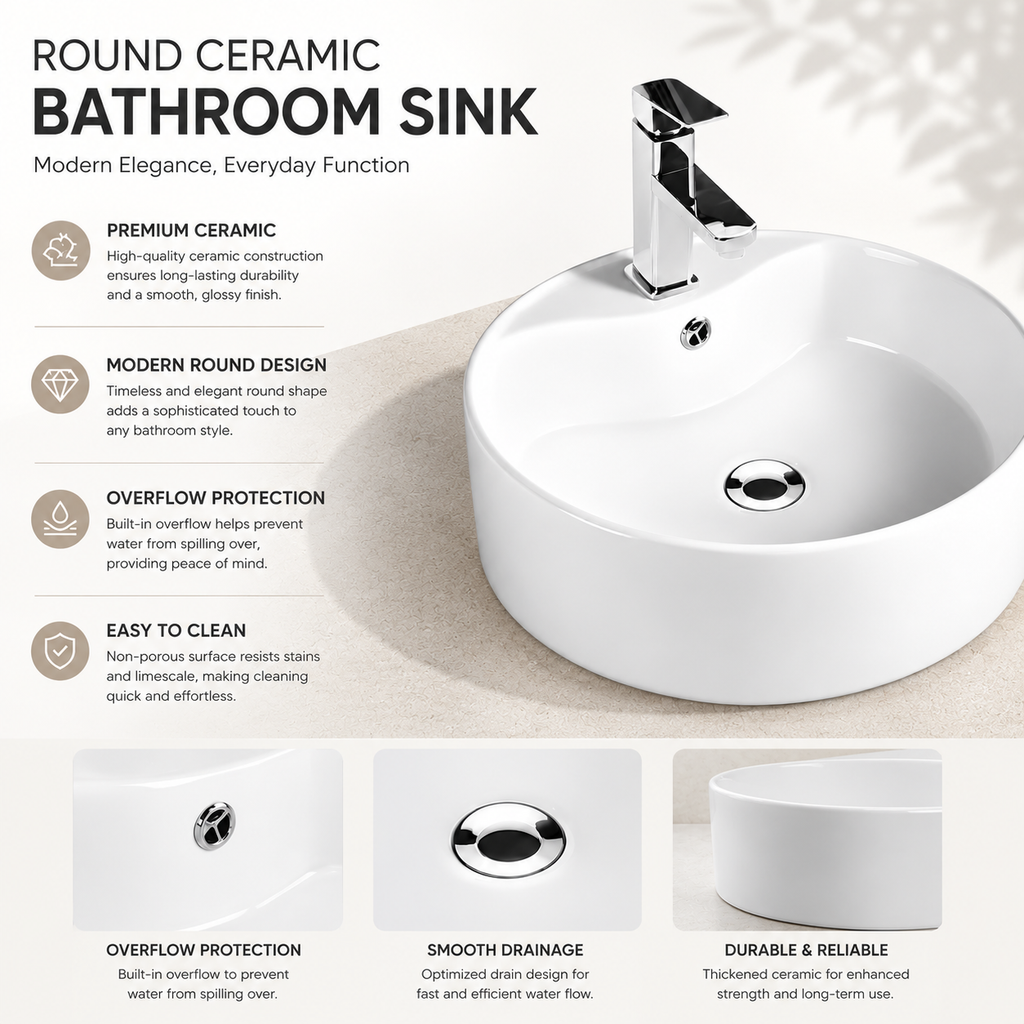 Household Ceramic Round Countertop Basin — Classic White, 465×465×155mm