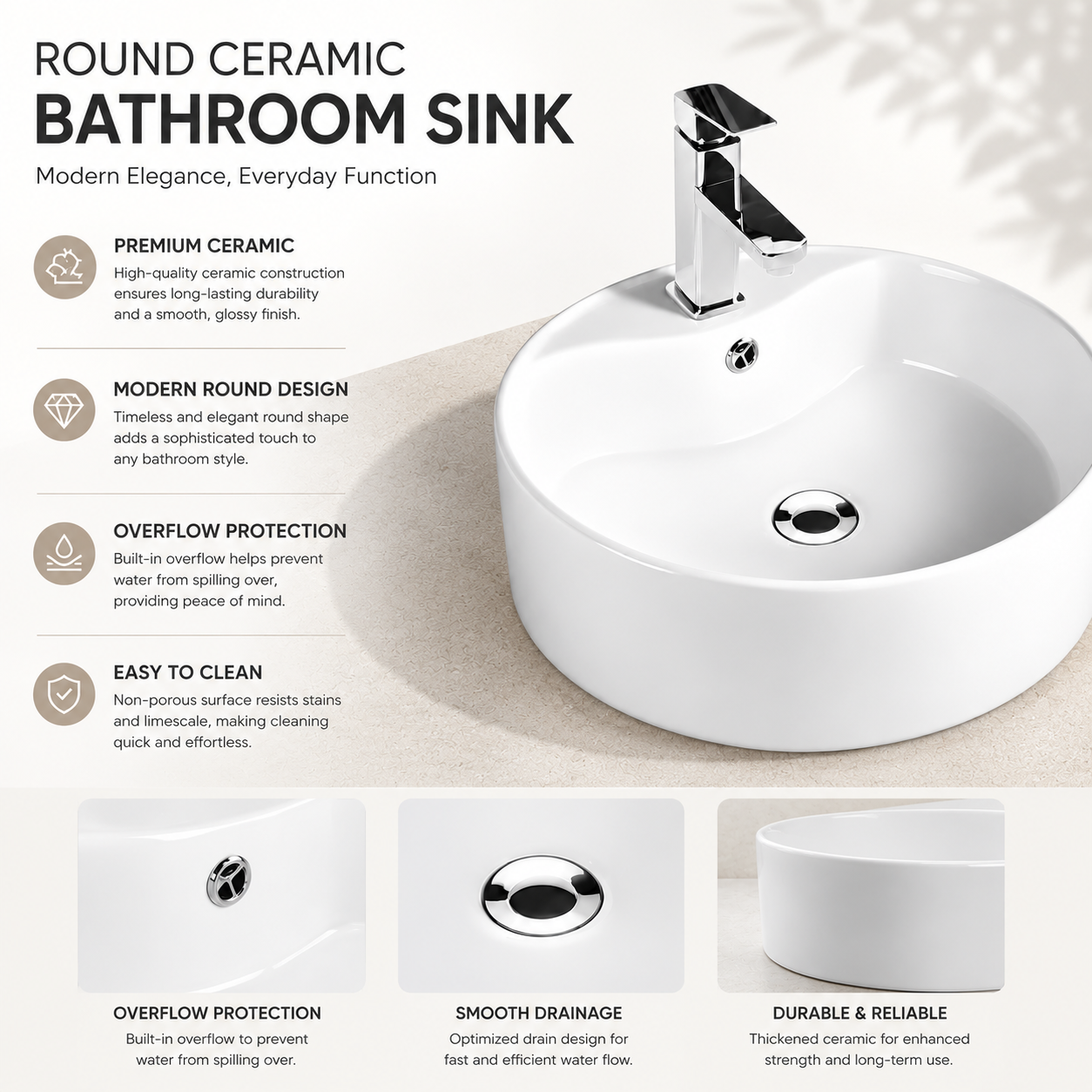 Household Ceramic Round Countertop Basin — Classic White, 465×465×155mm