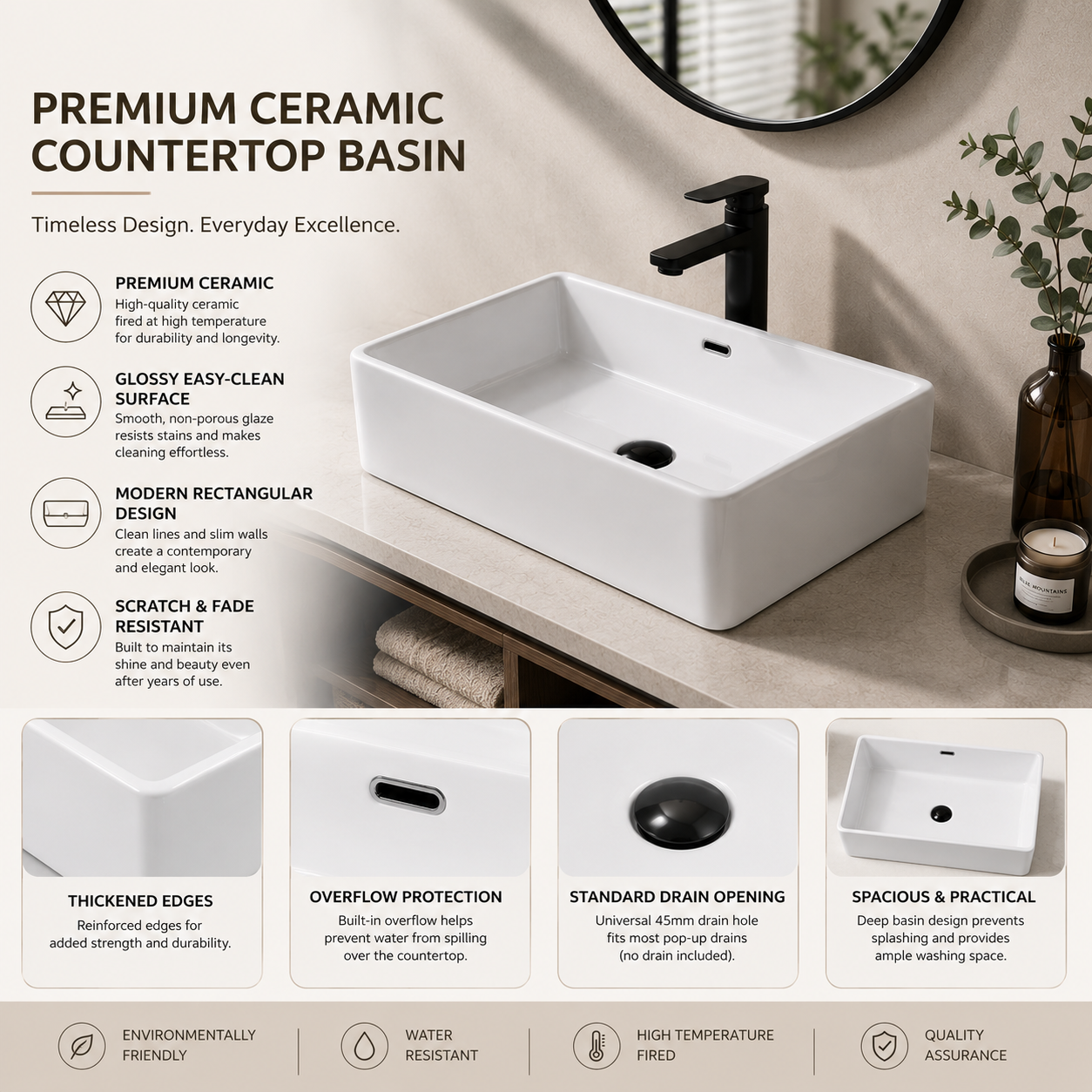 White Ceramic Countertop Basin — Modern Minimalist Square Wash Basin, 540×350×150mm