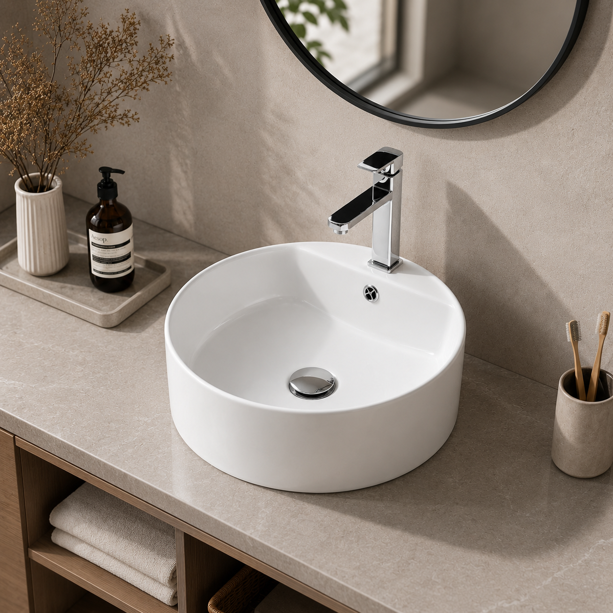 Household Ceramic Round Countertop Basin — Classic White, 465×465×155mm