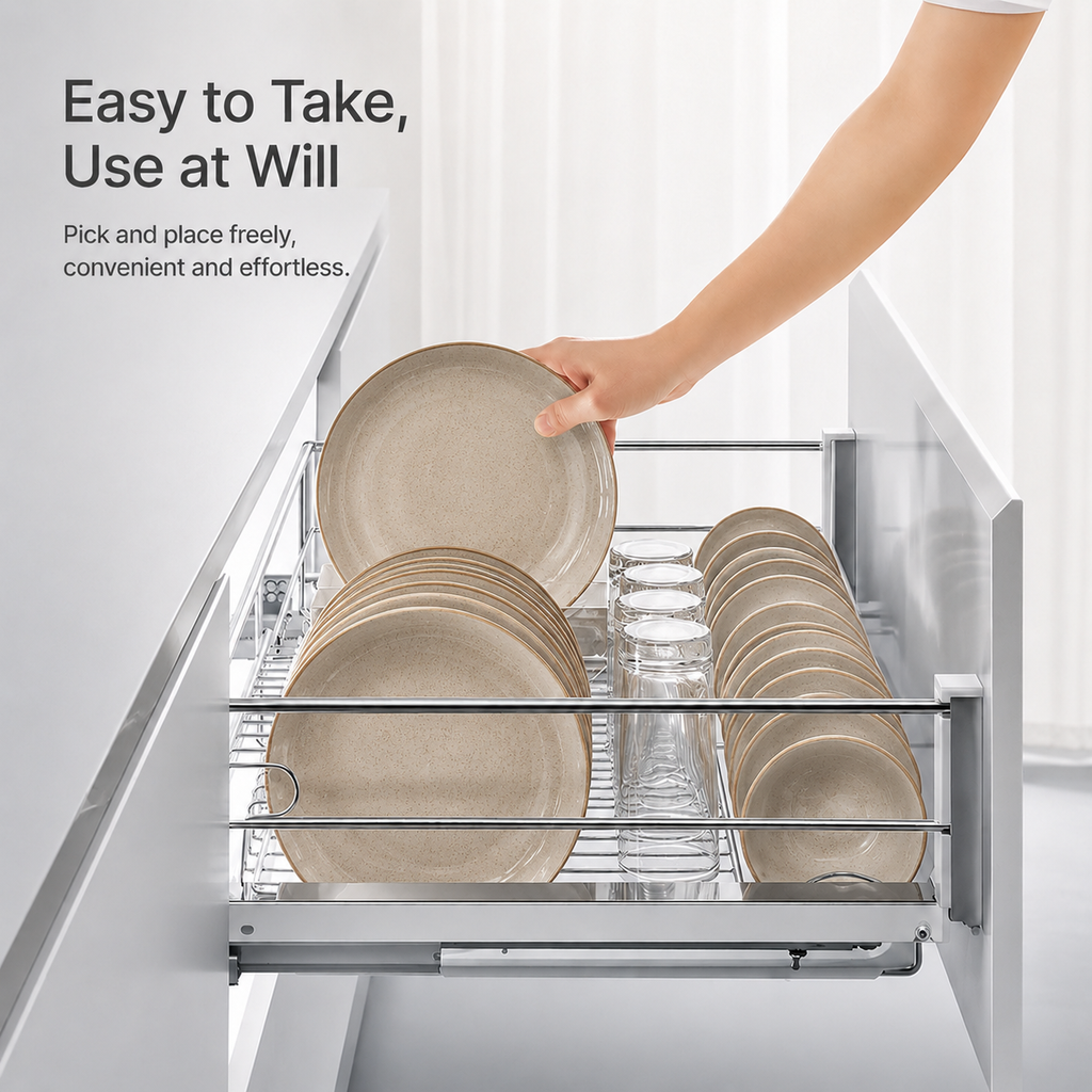 Three-Sided Kitchen Cabinet Pull-Out Dish Basket