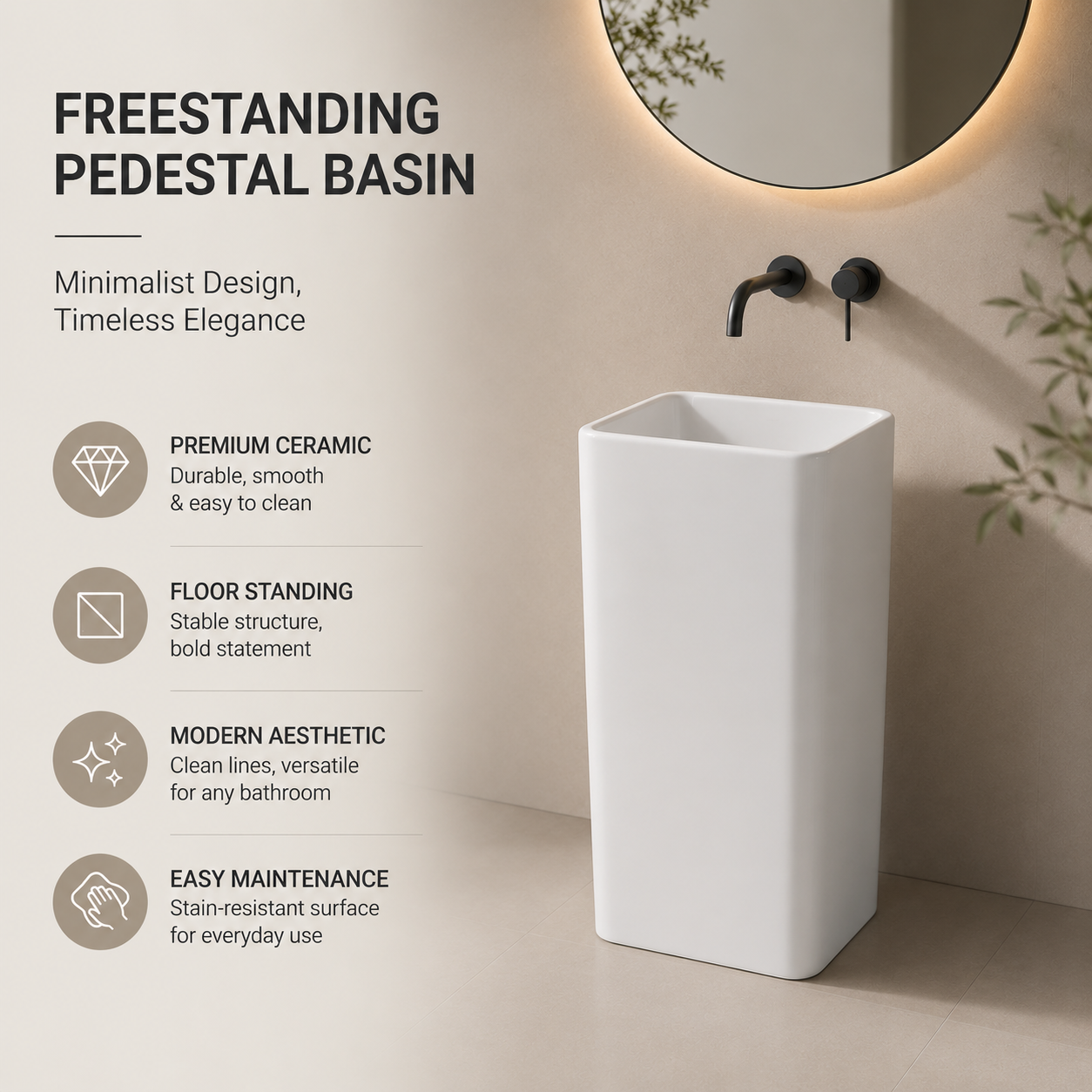 Ceramic Integrated Pedestal Basin — Floor-Standing Bathroom Sink