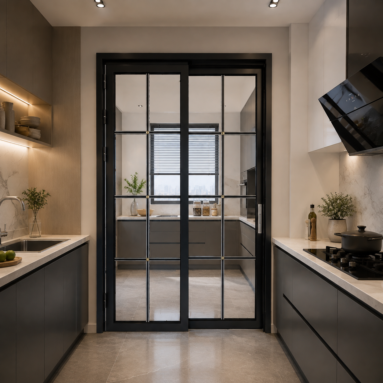 Modern Slim Frame Aluminum Sliding Glass Door – Black Grid Design