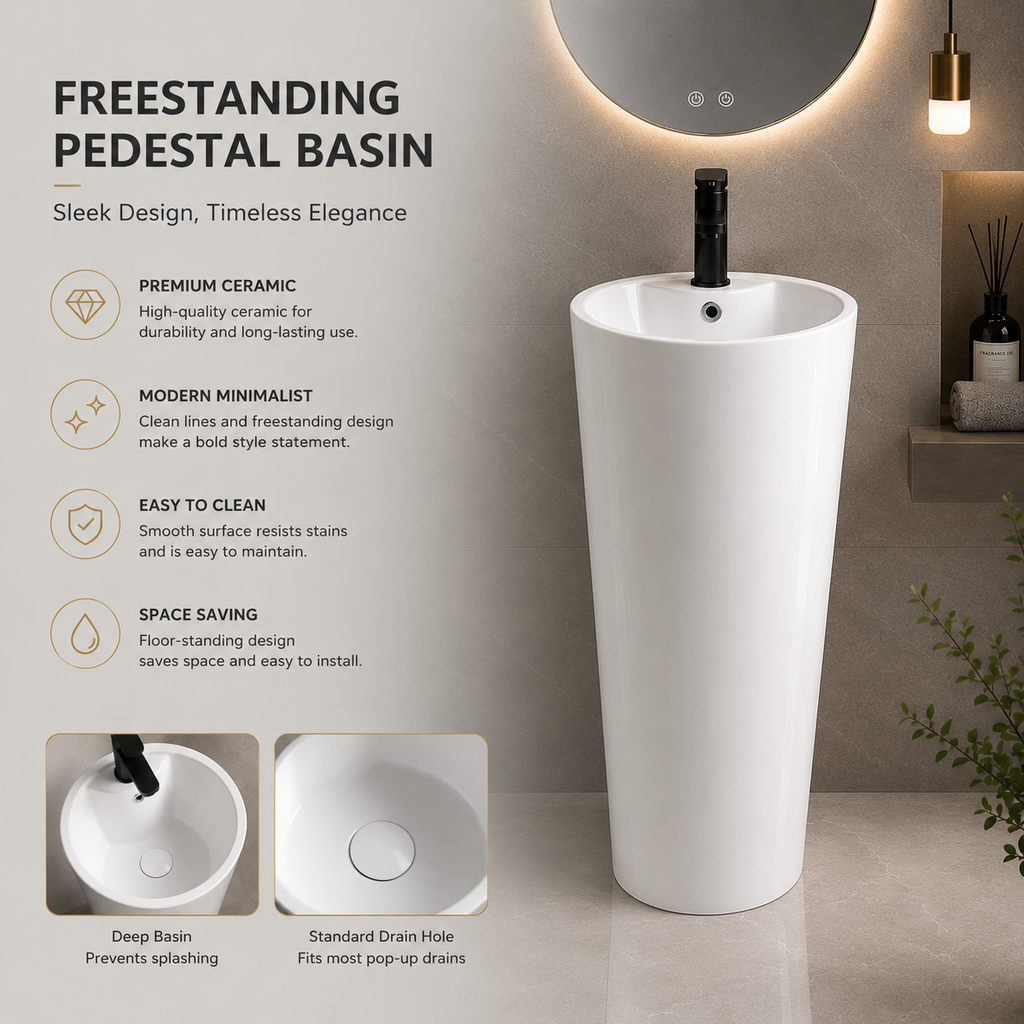 One-Piece Ceramic Floor-Standing Pedestal Wash Basin
