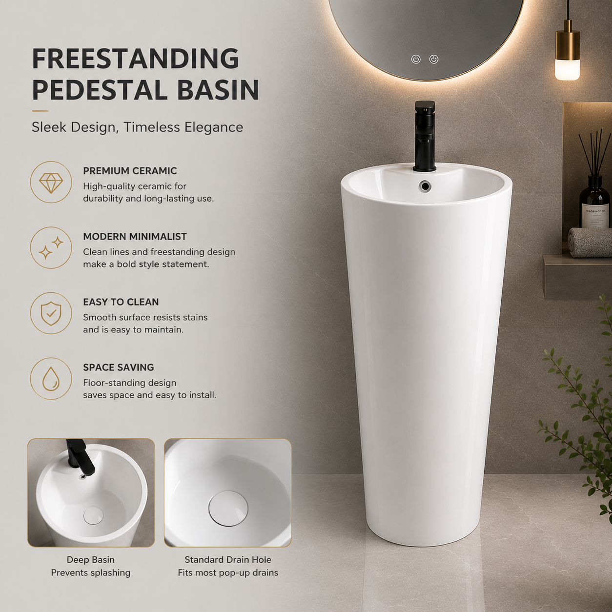 One-Piece Ceramic Floor-Standing Pedestal Wash Basin