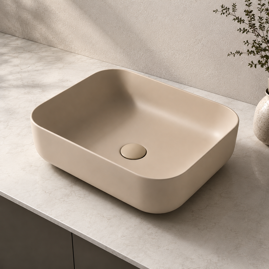 Khaki Matte Square Ceramic Countertop Basin — 500×400×135mm