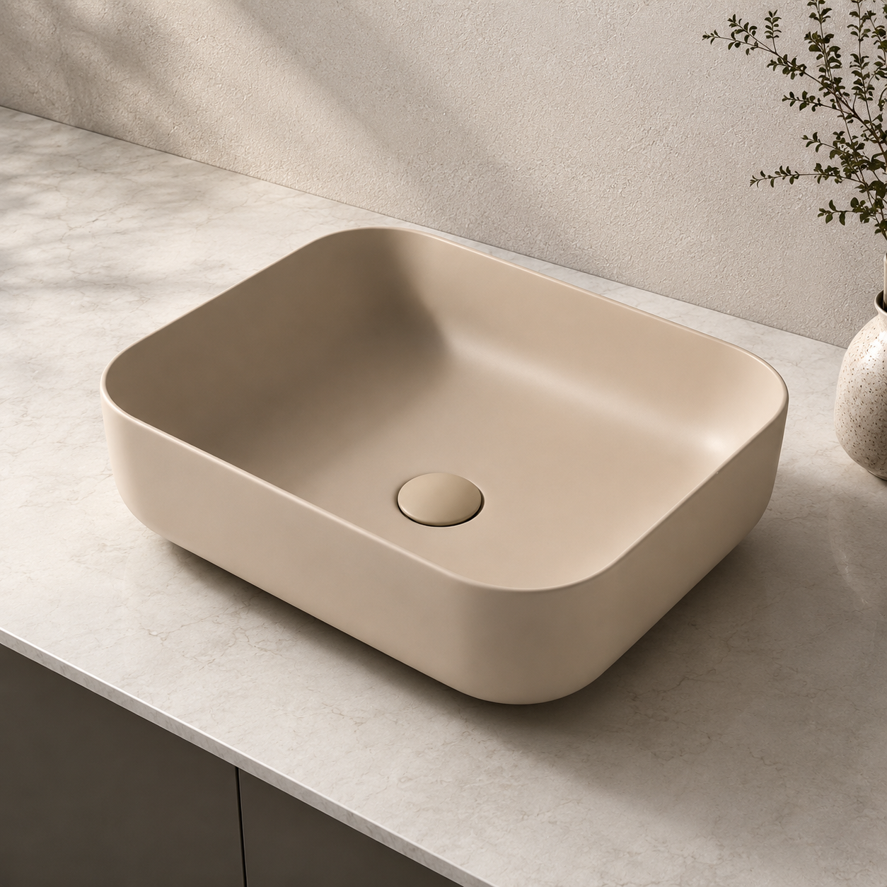 Khaki Matte Square Ceramic Countertop Basin — 500×400×135mm