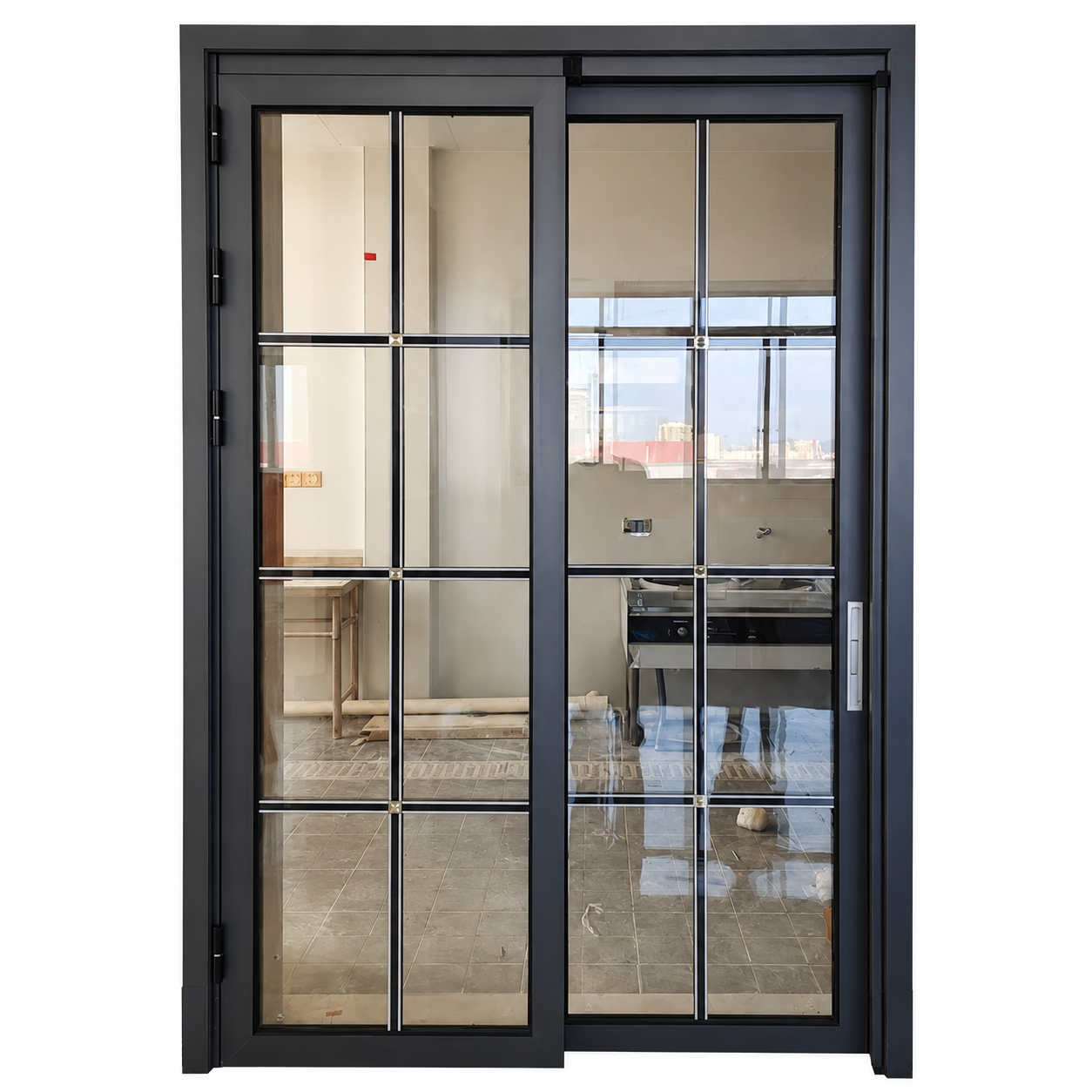 Modern Slim Frame Aluminum Sliding Glass Door – Black Grid Design