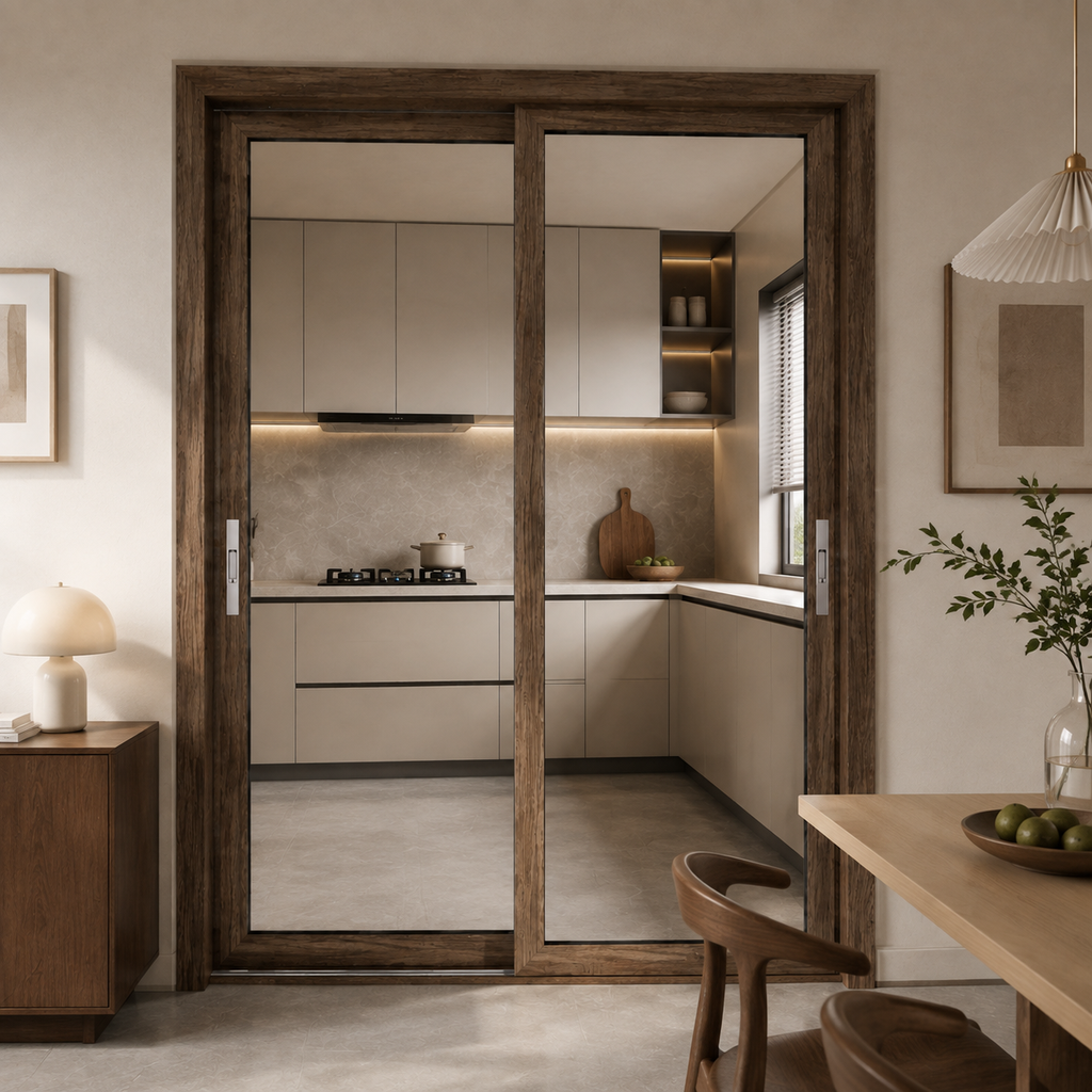 Custom Wood Grain Aluminum Alloy Glass Sliding Door for Kitchen