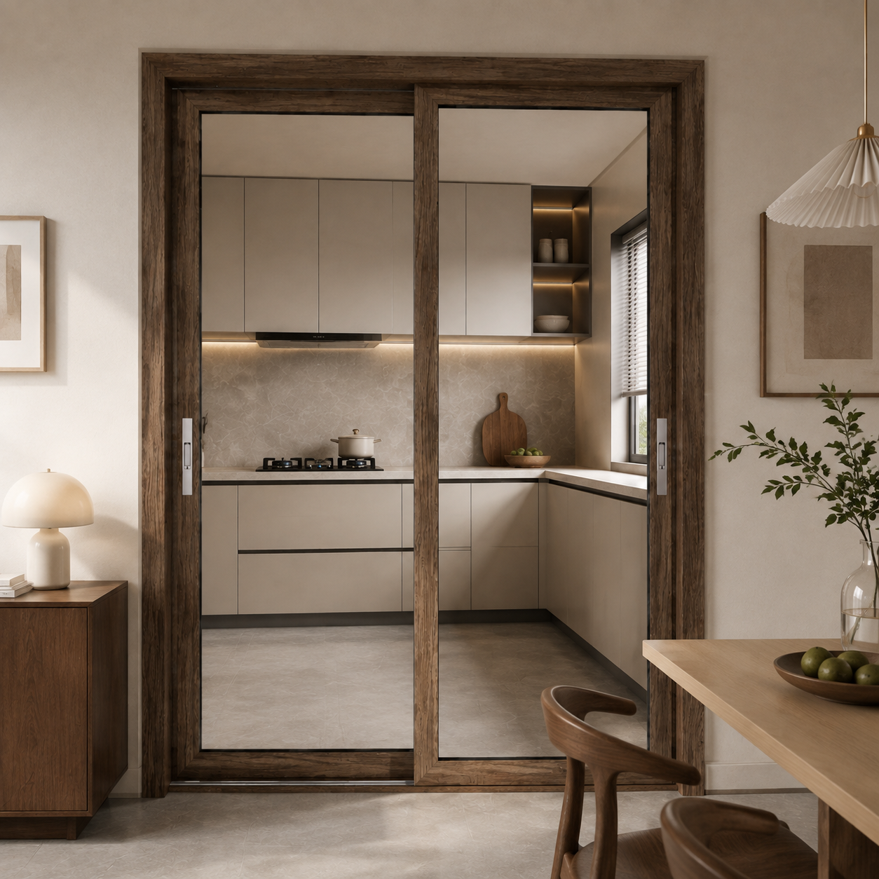 Custom Wood Grain Aluminum Alloy Glass Sliding Door for Kitchen